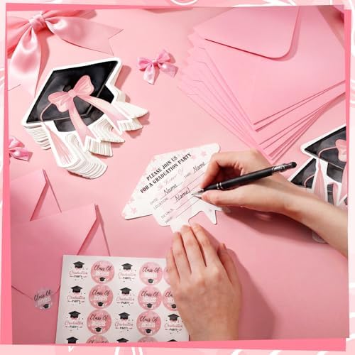Marspark 25 Set Coquette Pink Bow Graduation Party Invitations Cards with Envelopes and Stickers Graduation Cap Shaped for College High School Grad Celebration Party Supplies, 5 x 6 Inch