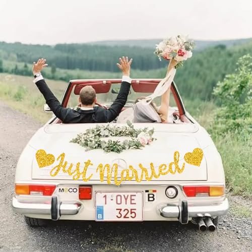 BEISHIDA Gold Just Married Banner - NO DIY, Glitter Wedding Party Banner,Just Married Signs, Bachelorette/Bridal Garland,Engagement Party Decor Supplies, Wedding Reception Party Decorations.