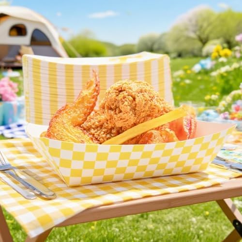 30 Pcs No Folding Required 2lb Gingham Party Supplies Disposable Paper Food Trays for Shower Wedding Tea Party Supplies Nacho Snack (Yellow)