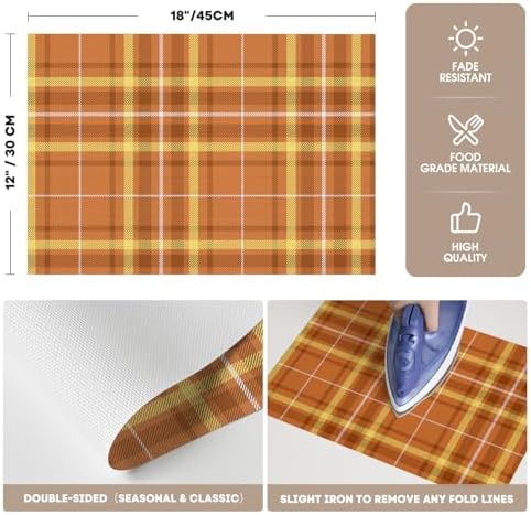 Artoid Mode Orange Striped Check Thanksgiving Vinyl Placemats Set of 4, Heat Resistant Non-Slip Woven Plastic PVC Place Mat for Party Kitchen Dining Decor