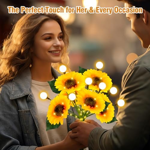 Sunflower Solar Lights Outdoor, 2 Pack Sunflowers with Firefly Lights, Waterproof Solar Flower Lights with 1000mAh Battery for Patio Porch Lawn, Gifts for Mom Women Grandma, Yard Decorations Outdoor