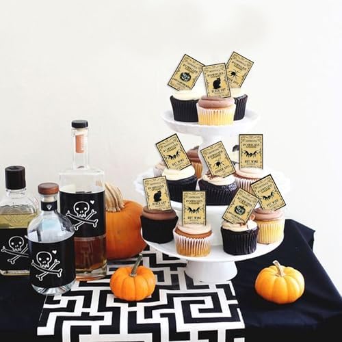 Ercadio 50Pcs Edible Halloween Cupcake Toppers Edible Happy Halloween Cake Picks Retro Horror Spider Bat Black Cat Cupcake Decors for Baby Shower Party Cake Decor