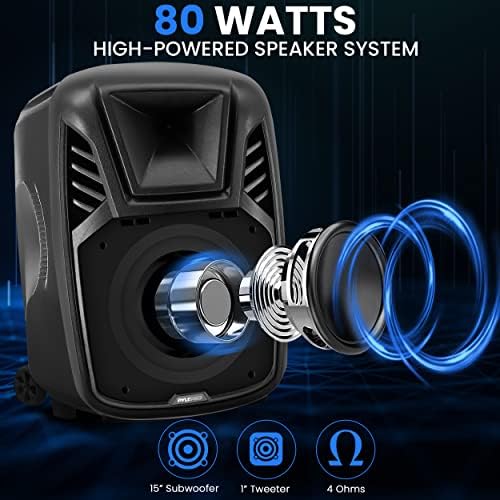 Pyle 15” Portable Bluetooth PA Speaker System - 800W Wireless Rechargeable Loudspeaker with LED Party Lights, Rolling Wheels, Built-in Amp, & Remote Control - Indoor/Outdoor Karaoke Machine (Black)