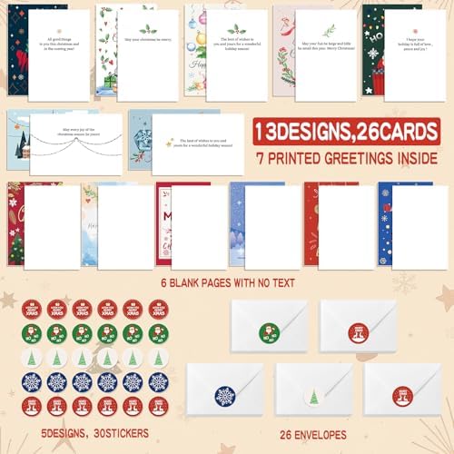 26 Pack Christmas Cards with Envelopes and Stickers