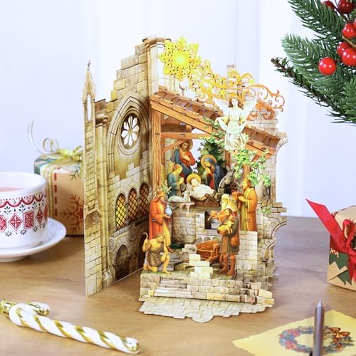 Pop up Christmas Cards Nativity, Holy Night Nativity, 3D Elegant Religious Card with Envelope for Holiday, Manger Scene, Angel, Jesus Christ, Holy Family,Handcrafted Decoration, Merry Christmas Gift