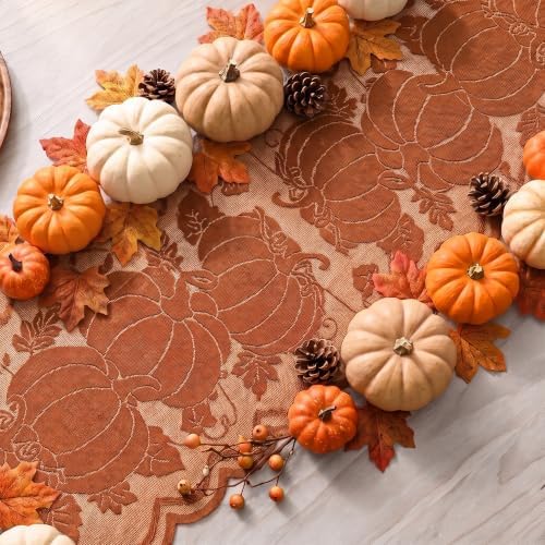 Artoid Mode Lace Jacquard Pumpkin Leaf Fall Table Runner, Seasonal Thanksgiving Autumn Kitchen Dining Table Decoration for Home Party Decor 13x72 Inch