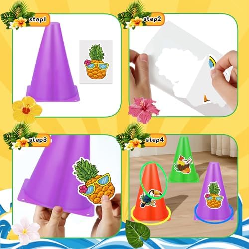 Hawaii Ring Toss Game Set, Luau Party Tossing Game with 6 Plastic Cones, 18 Colorful Rings, Beach Lawn Games for Kids Adults, Hawaiian Tiki Party Supplies Indoor Outdoor Family Activities (Hawaii)