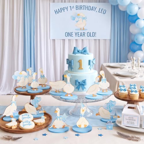 Wesiti 12 Pcs One Silly Goose Birthday Party Decoration Wooden Blue Bow Silly Goose Table Centerpiece Shower Decor Funny Table Decoration Gift for First Birthday Party Favor Desk Tiered Tray