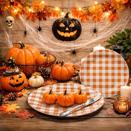 Vyntra 50 Pcs Orange Gingham 7 Inch Round Paper Dessert Plates
