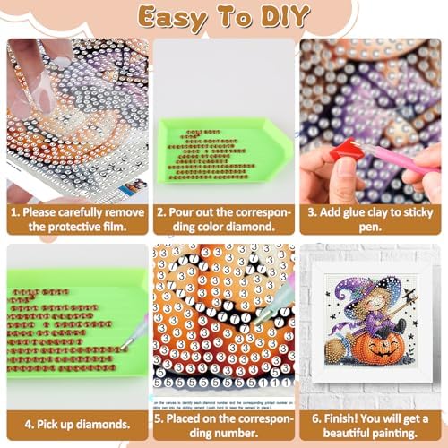 Halloween Diamond Art Painting Kits for Kids with Frame, Witch Diamond Painting Kits for Kids Ages 4-8-12, Easy Gem Arts and Crafts Gift for Girls Boys Adult Beginners Home Wall Decor(7x7inch)