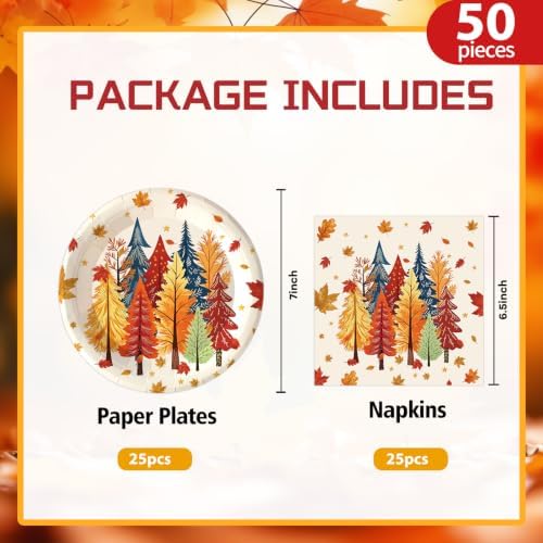 50Pcs Fall Plates and Napkins Party Supplies, Disposable Autumn Tree Paper Plates Napkins Tableware Set for Thanksgiving Theme Harvest Friendsgiving Party Decorations
