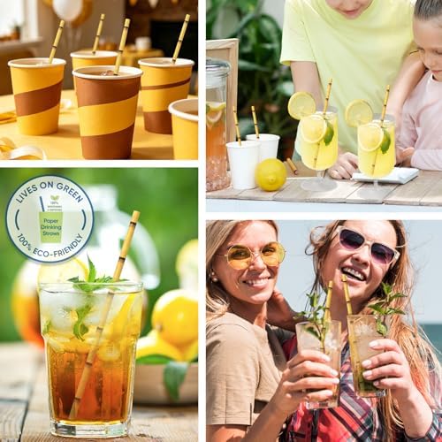 100 Count Yellow Bamboo Print Eco-friendly Paper Straws – 7.75 inch Disposable Straws for Drinking, Cocktails, Smoothie, Crafts, Picnics, Decorations