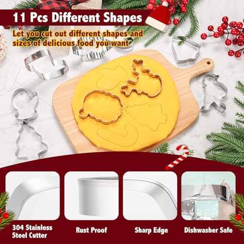 Christmas Cookie Cutters, 11 pieces Cookie Cutters Shape Set Stainless Steel Biscuit Cutters Mold with Snowflake, Snowman, Bell and More for DIY Christmas Food Party Baking Decorations Supplies