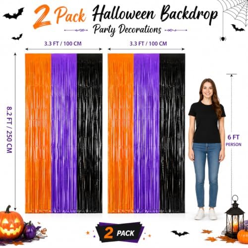 JINSUI Halloween Decorations Orange Purple Black Tinsel Backdrop 2 Pack