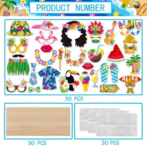 Luau Party Decorations, Tumwisk 30PCS Hawaiian Photo Booth Props Kit, Tropical Aloha Themed Paper Selfie Prop for Birthday Beach Pool Party