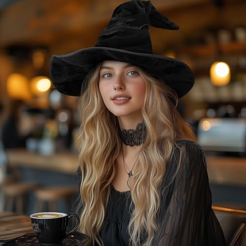 Large Ruched Witch Hat for Adults, Wide Brim Halloween Costume Accessory