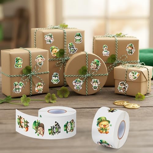 H1vojoxo St. Patrick's Day Sticker Rolls - 1000PCS Shamrock Irish Cute Cartoon Stickers for Kids 16 Design St. Patrick's Cute Animal Sticker for Craft St. Patrick Cartoon Animal Stickers for Envelope