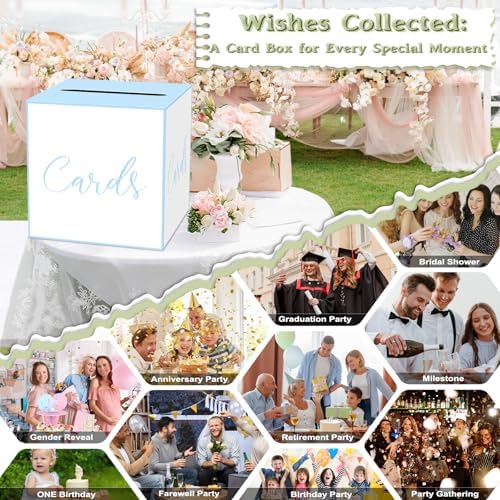 WNINK White and Blue Card Box for Parties, Weddings, Birthdays, Bridal & Baby Showers, Anniversaries, Graduations & Retirements Party Decorations – Cards, Raffle, Wishes & Money Card Boxes