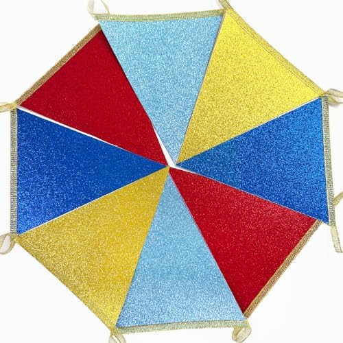 30Ft Carnival Circus Party Decorations Glitter Red Blue Yellow Pennant Banner Flag Triangle Bunting Garland Streamers for Carnival Birthday Circus Clown Graduation Dog Paw Party Decor Supplies