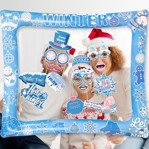 Winter Photo Booth Props Inflatable Frame, 30Pcs Winter Wonderland Photo Props with Inflatable Picture Frame Large for Frozen Holiday Party Selfie Supplies