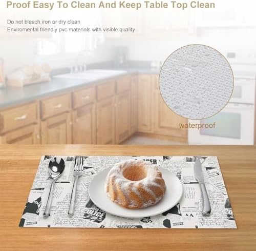 Newspaper Printed Placemats Set of 4, 12x18 Inch Rustic Farmhouse Newspaper Theme Party Bookish Holiday Coffee Table Mats for Party Kitchen Dining Decoration