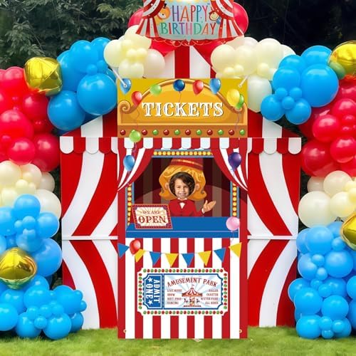 73 x 36 Inches Carnival Ticket Booth Banner Door Cover – Amusement Park Photo Booth Backdrop with Balloons, Striped Tent and “We Are Open” Sign, Movie Theater Theme Party Decorations for Kids Birthday