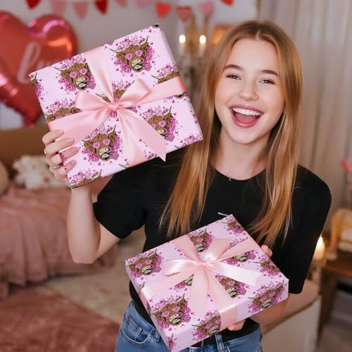 RUSPEPA Highland Cow Wrapping Paper Roll, Mini Roll, Floral Highland Cow with Heart Sunglasses Design, Pink Fun Gift Wrap for Kids, Girls, Valentine’s Day, Anniversary, Birthday, 17 Inches x 16.4 Feet