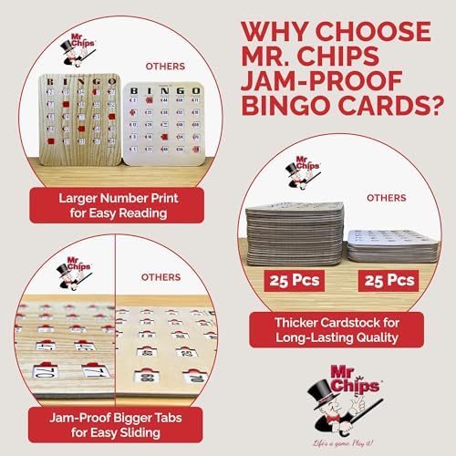 MR CHIPS Jam-Proof Fingertip Slide Bingo Cards with Sliding Windows 50 Pack in Tan Style