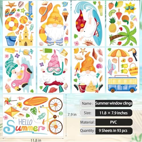 93Pcs Summer Window Clings, Double Sided Beach Gnomes Summer Window Decals Stickers for Home Office School Holiday Party Decorations