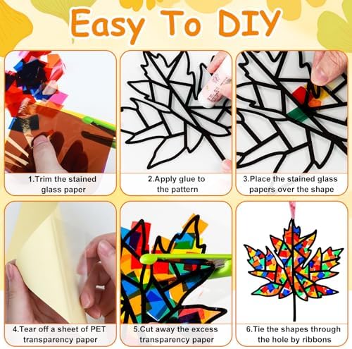 EggSun 36 Sets Fall Thanksgiving Maple Leaf Suncatchers Craft Kit for Kids Ornaments Stained Glass Window Arts and Crafts Kit for Classroom Holiday Projects Home Party Favors Decorations Ages 4 8 12