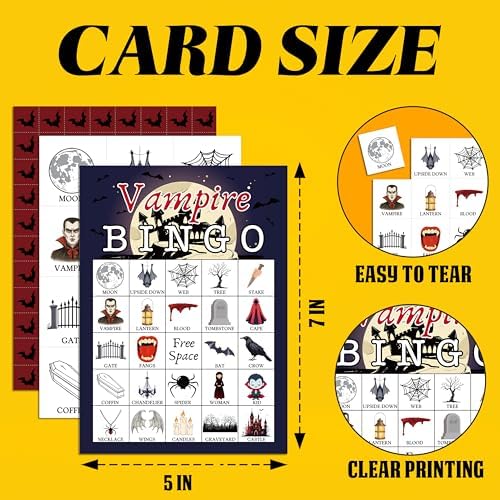 Vampire Bingo Game, Fun Halloween Party Game Cards for Adults, 24 Players Horror Activities for Family Friends, Large Scary Family Party Supplies Favor Decor, (003)