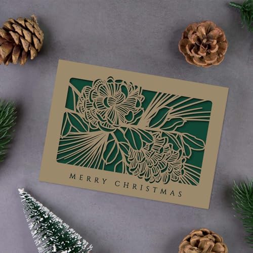 Canopy Street Masterpiece Laser Cut Pine Cone Christmas Cards / 10 Winter Holiday Cards With Coordinating Envelopes / 5" x 7" Boxed Evergreen Greeting Cards With Inside Verse
