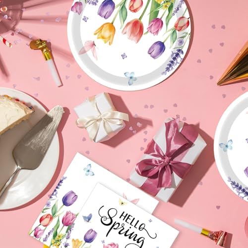 40Pcs Wildflower Party Decorations Tulip Floral Paper Plate and Napkins Flower Theme Birthday Decorations Serves 20 Guests Spring Easter Bridal Shower Baby Shower Wedding Mother's Day Party Supplies