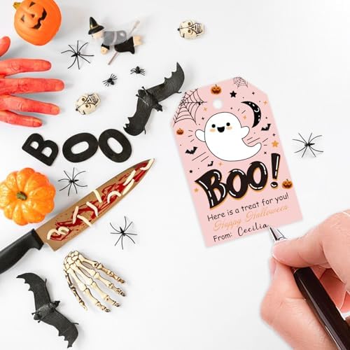 Aukolass 50Pcs Boo Gift Tags, Halloween Treat Tag (Pink Boo)