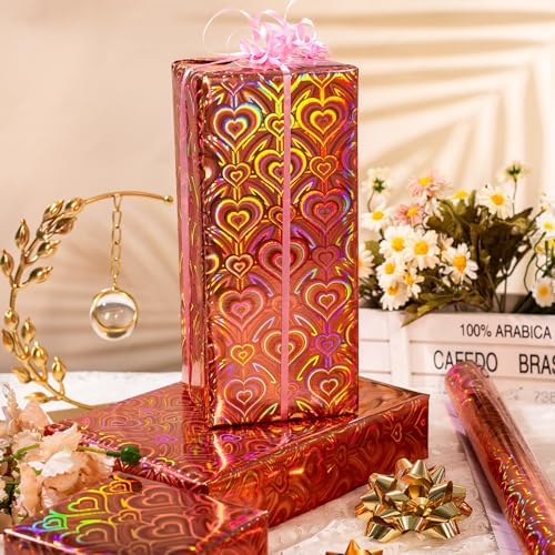 Burymento Rose Gold Wrapping Paper Roll, Metallic Holographic Heart Gift Wrap for Birthday, Valentines, Mothers day, Graduation, Wedding, Fathers day, Baby Shower, Christmas (17 IN x 32.8 FT)