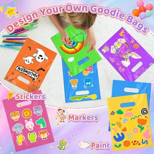VieFantaisie 50 PCS Party Favor Bags, 8" x 11" Goodie Bag for Candy Treat Crafts, Plastic Gift Bags Bulk with Handle for Birthday Party, School Events, Thanksgiving, Christmas, Halloween, 10 Colors
