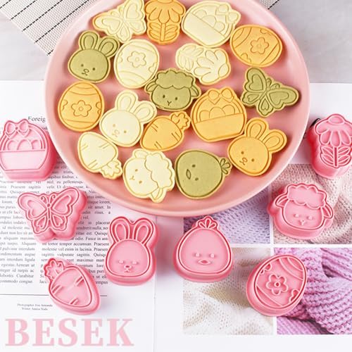 BESEK Easter Cookie Cutters Set: 8 Pcs Embossing Cookie Cutter for Biscuit Fondant Cheese Baking, Easter-Theme patterns