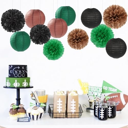 Football Party-Decorations Paper-Flowers - 15pcs Green Brown Black Tissue Pom Poms Lanterns Streamers,Birthday Baby Shower Bachelorette Hanging Supplies Decor Hugfond