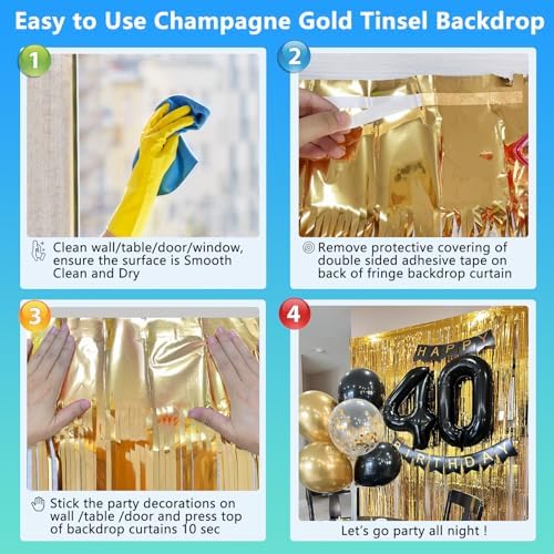 2 Pack 3.3x8.2 FT Gold Backdrop Birthday Decorations Foil Tinsel Curtain Gold Dooor Streamers Party Hanging Decorations Photo Booth Props for Birthday Graduation Bachelorette Christmas New Years Eve