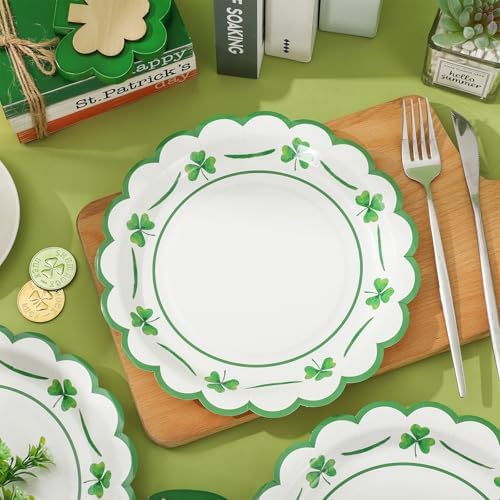 JarThenaAMCS 50 Pcs St. Patrick's Day Paper Plates Scalloped Disposable Plate Green Shamrock Clover Decorative Tableware for Irish Holiday Party Decor Supplies, 9 In