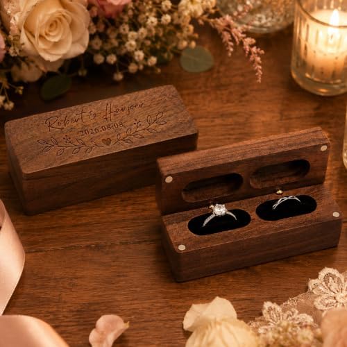 Personalized Wedding Ring Box Engraved with Name Date Text, Custom 2 Slot Wooden Ring Bearer Boxes for Ceremony Proposal Anniversary Engagement Gifts for Couples Bride Groom Him Her (Rectangle