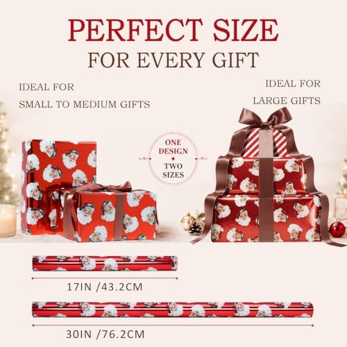 LaRibbons Vintage Santa Foil Christmas Wrapping Paper Jumbo with Red Stripe