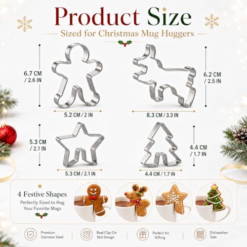 Crethinkaty 4 Pcs Christmas Stainless Steel Hanging Cup Cookie Cutter Over the Edge Mug Rim Biscuit Mould DIY Cake Decoration