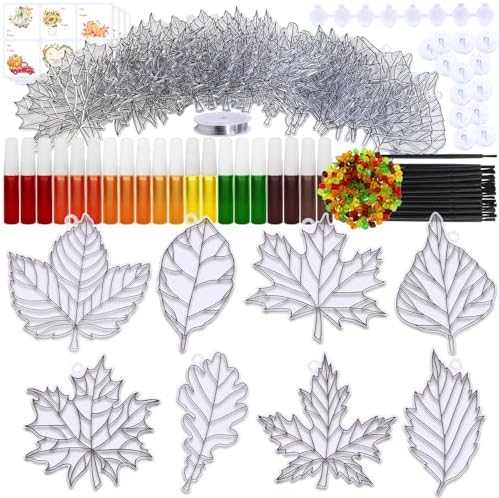 Winlyn 24 Sets Fall Leaf Suncatchers Ornaments DIY Window Paint Art Fall Craft Kits Maple Leaf Sun Catchers Painting Kits for Kids Classroom Activities Art Project Thanksgiving Autumn Party Decoration