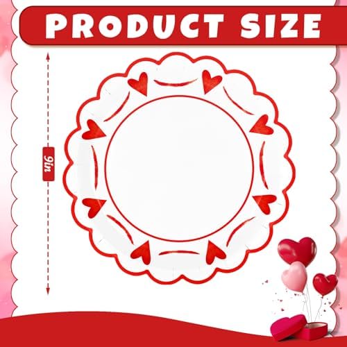 JarThenaAMCS 50 Pcs Valentine's Day Heart Paper Plates Scalloped Disposable Plate Red Decorative Tableware Gift for Home Wedding Anniversary Birthday Party Kitchen Decor, 9 In