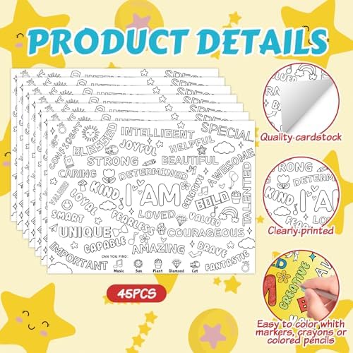 45pcs Positive Affirmations Disposable Coloring Placemats Motivational Crafts for Kids Classroom Mindfulness Activity Coloring Poster Empowering Party Supplies Paper Table Mats