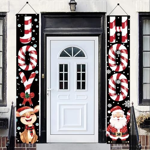 2PCS Christmas Porch Banner Decorations 71 x 12 Inch JOY HOHO Candy Cane Hanging Sign Santa Claus and Reindeer Outdoor Front Door Holiday Banner for Winter Yard Party Wall Decor