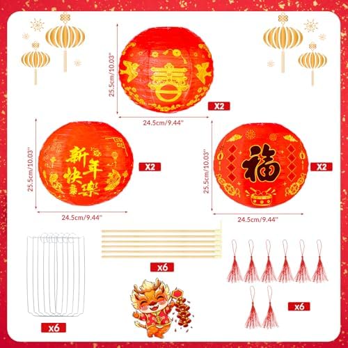 HOWAF 6pcs Chinese New Year Round Paper Lanterns Fu Chun Character Red Lantern for 2026 Lunar New Year Decorations,Spring Festival Hanging Round Lanterns Decorations,Year of The Horse Lanterns
