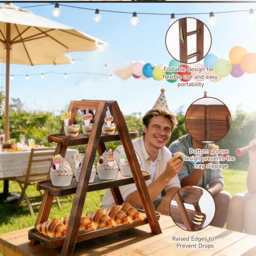 Wooden Cupcake Stand, 3 Tier Dessert Display Serving Tray with Swing and Flower Decoration, Foldable Tiered Ladders Stand for Party, Birthday, Wedding, Baby Shower, Table Food Display for Fruit Bread