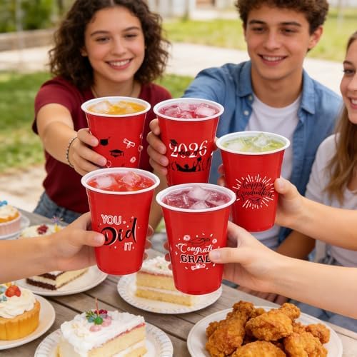 Graduation Decorations 2026 Party Cups - 50pcs 16 Oz Red and Black Disposable Graduation Plastic Cups for School Class of 2026 Grad Celebration Party Favors Supplies (5 Designs)